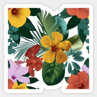 Colorful tropical flowers and leaves. Hibiscus flower, Palm leaves vibrant summer exotic print. Sticker